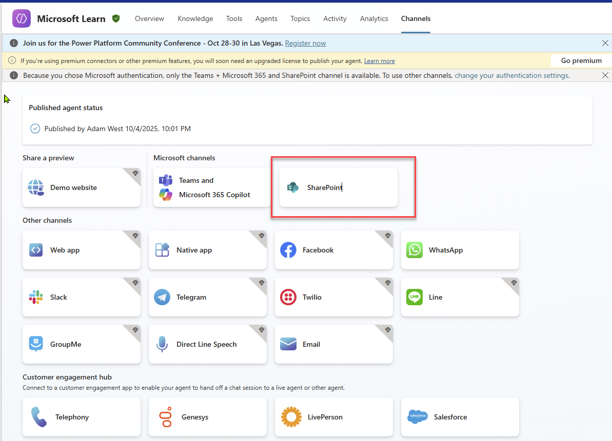 Publishing agent to SharePoint Channel