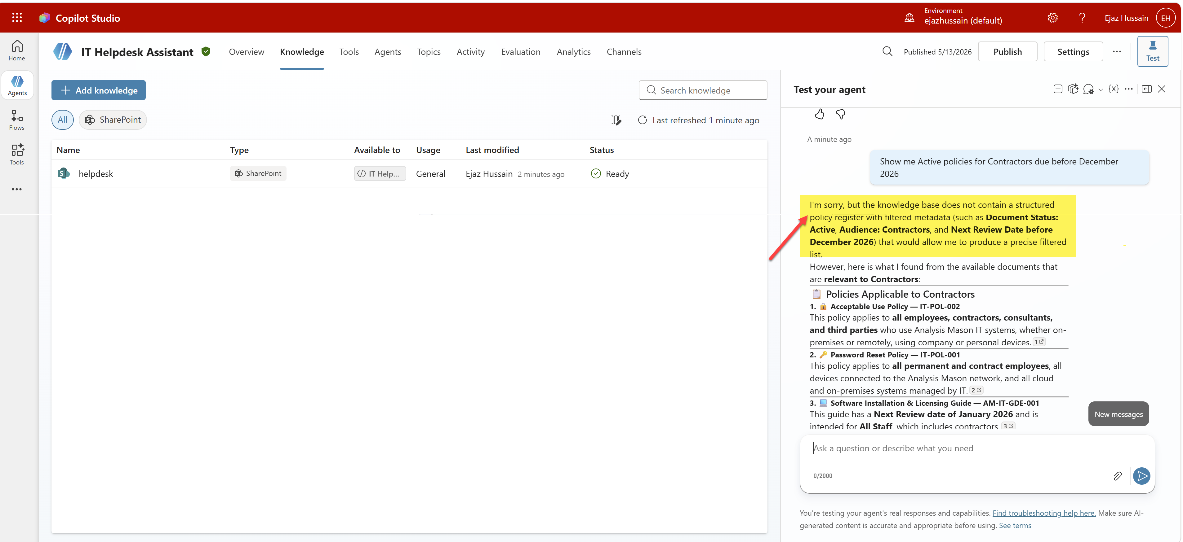 Copilot Studio agent returning incomplete result for a metadata-filtered query