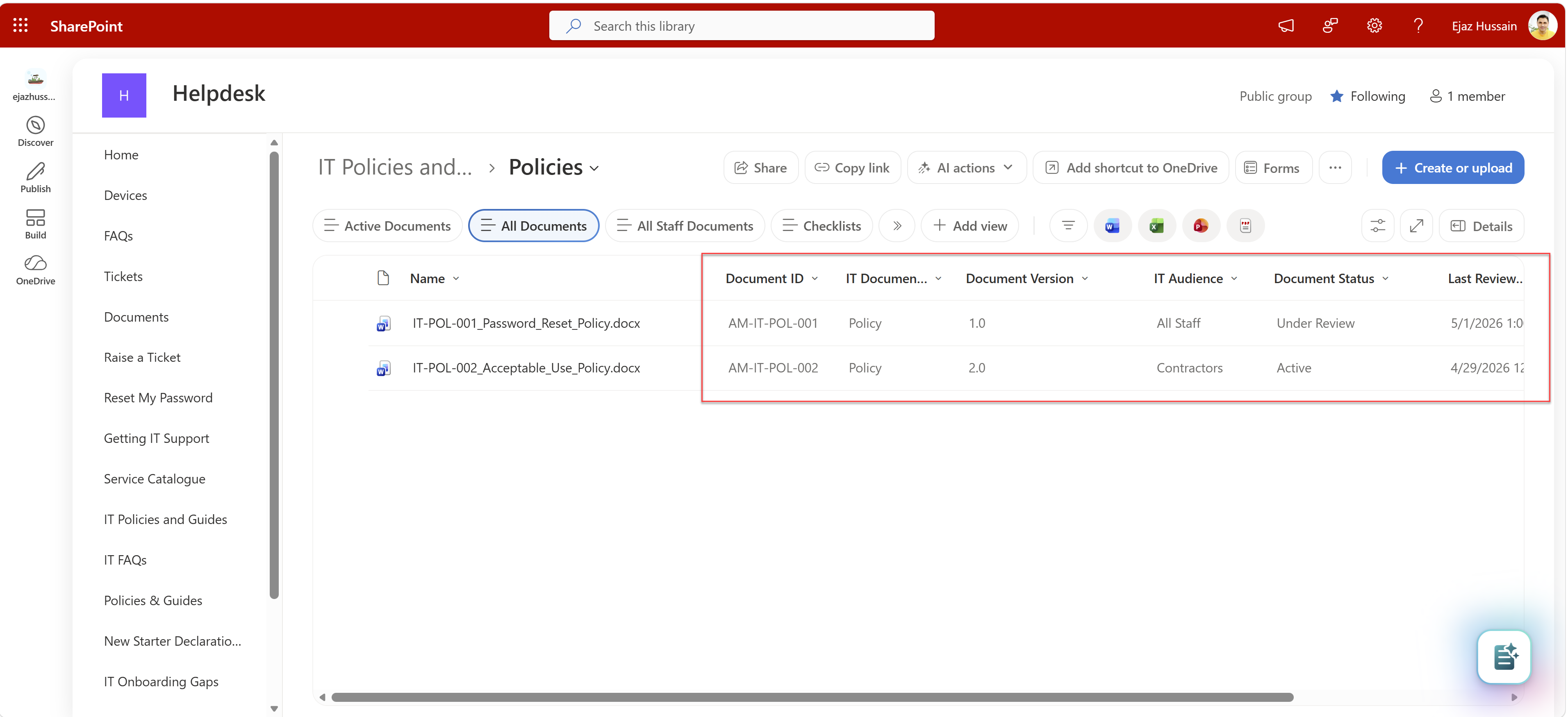 SharePoint Policies library showing custom metadata columns