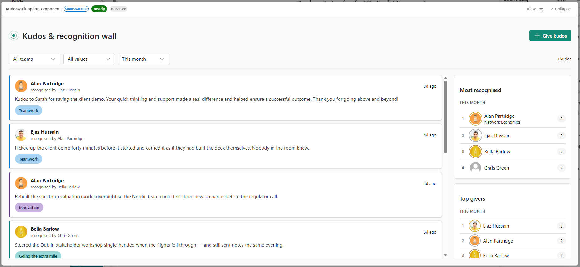 The Kudos wall expanded to fullscreen, showing the recognition feed, filters, and leaderboards